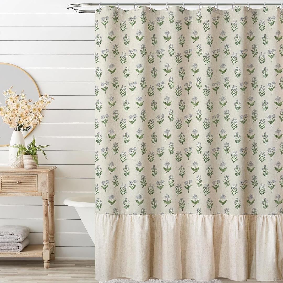 MUGINYU Linen Textured Ruffle Shower Curtain - Vintage Floral Block Print in Beige and Green, Boho Cottagecore Farmhouse French Country Bathroom Decor Set, 72x72 Inches