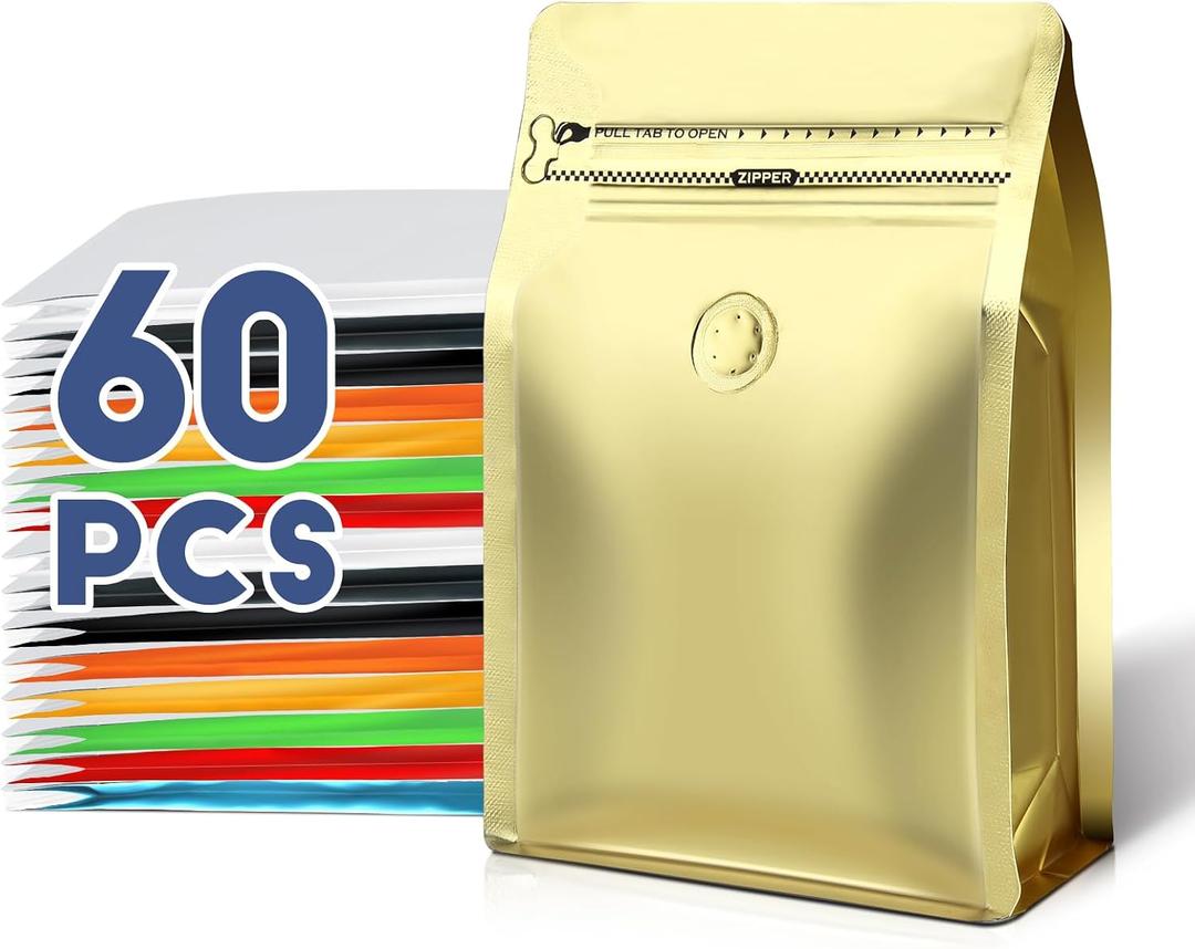 Coffee Bags with Valve(60pcs,8oz,1/2 lb) Vented Coffee Beans Packaging Bags High Barrier Aluminumed Foil Flat Bottom Heat Sealed Side Zipper Resealable Storage Bag for Home or Business（Gold）