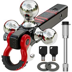 Ayleid Trailer Hitch Tri-Ball Mount with Hook&Pin&Rotatable Tow Shackle,Fits 2-in Receiver with 1-7/8-in,2-in,2-5/16-in Hitch Ball with Anti-Theft Locking Hitch Pin (B-With ShackleLock)