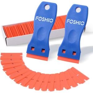FOSHIO Plastic Razor Blade Scraper Include 2PCS Scraper Tool and 100PCS Blades for Gasket Remover, Labels Decal and Adhesive Remover for Windows and Glass (Blue)