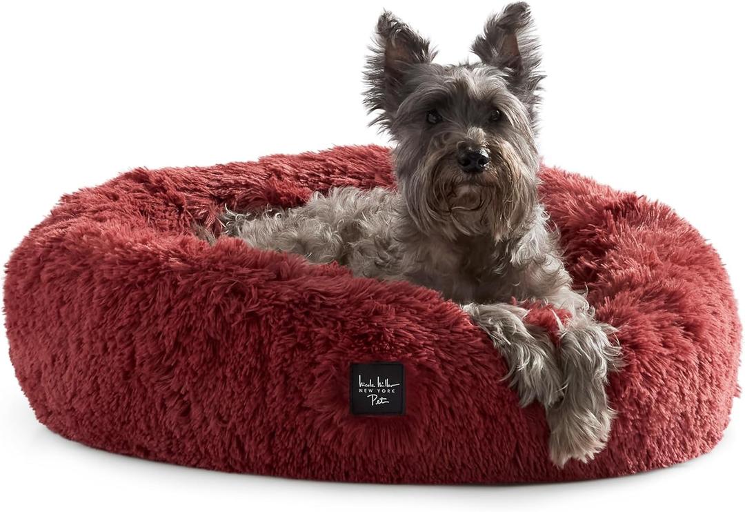 Nicole Miller NEW YORK PET Ellie Fuzzy Solid Donut Pet Bed, Plush, Cozy & Calming, Non-Slip Bottom, 100% Machine Washable, Burgundy Rose, Medium 28"x28"x7" Round