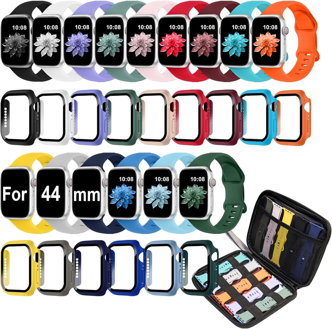 15 Pack Band Case Compatible with Apple Watch Bands 44mm 40mm 41mm 42mm 45mm 46mm Women Men, Soft Silicone Strap with Screen Protector Case&Storage Organizer for iWatch Series 10 9 8 7 6 5 4 3 SE SE2