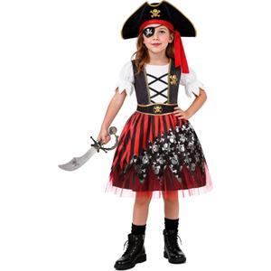 Kids Pirate Costume Girls Deluxe Buccaneer Dress Set for Halloween Party Dress Up, 5-7yrs