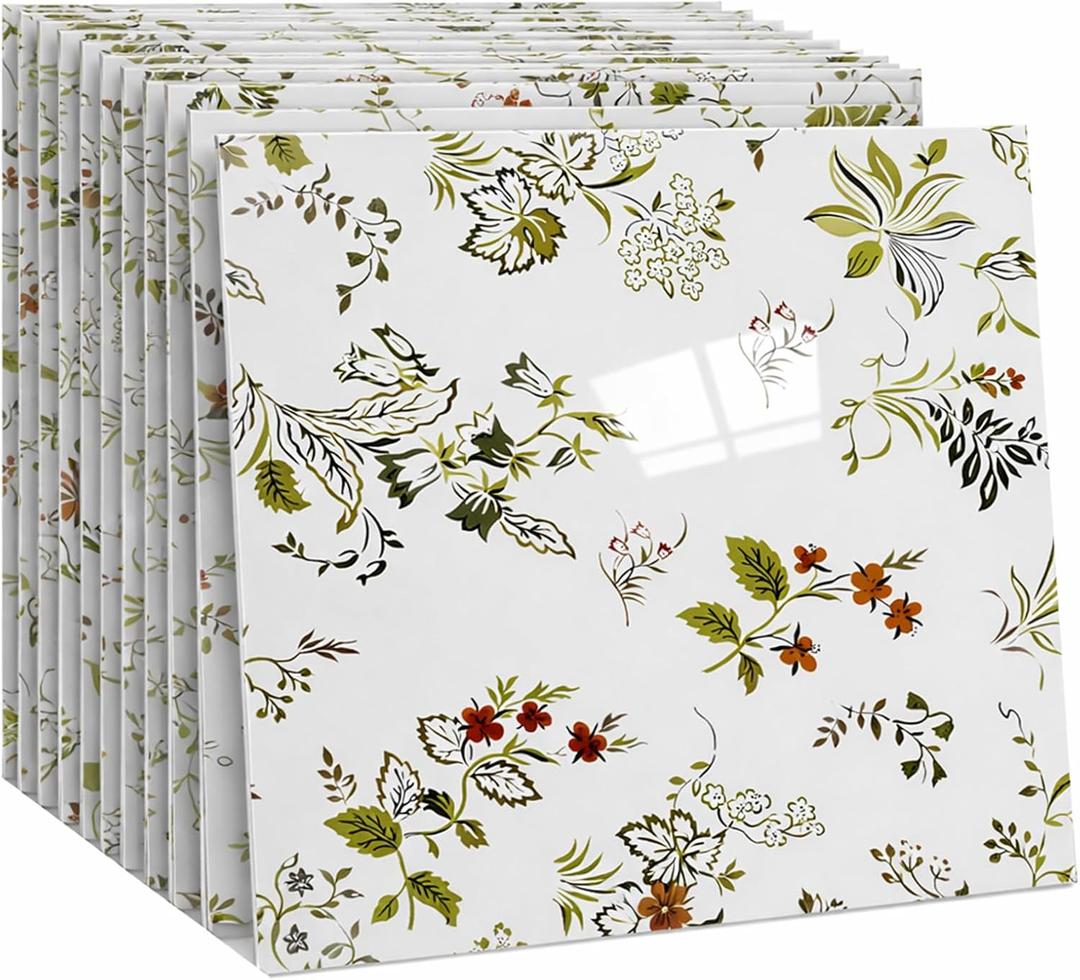 Peel and Stick Kitchen Backsplash Tiles 16PCS – Waterproof Self Adhesive Wall Stickers for Kitchen, Easy DIY Stick On Tile Backsplash, Heat Resistant Decorative Wall Covering (Flower Pattern)