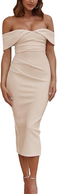Elegant Off The Shoulder Bodycon Backless Ruched Midi Dress Strapless Tube Slit Dresses for Women Wedding Guest, S, Champagne