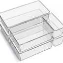 3 Pack Large Clear Plastic Drawer Organizer Trays, Acrylic Kitchen Drawer Organization and Storage Dividers, Non-Slip Storage Bins for Makeup, Kitchen Utensils, Bathroom, Jewelries and Office Desk