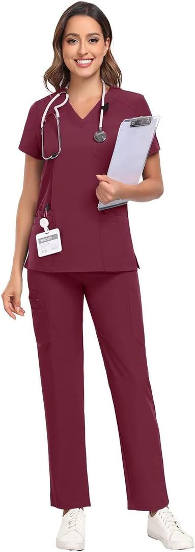 Scrubs for Women Sets, Stretch V-Neck Scrub Top & Cargo Pants with Multi Pockets, Anti-Wrinkle (XX-Large, Wine Red)