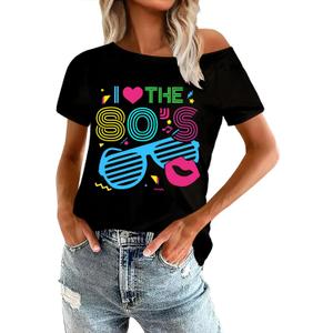80s Shirts for Women Retro Off The Shoulder Top Disco 80s 90s Theme Party Outfit (Medium, B-black)