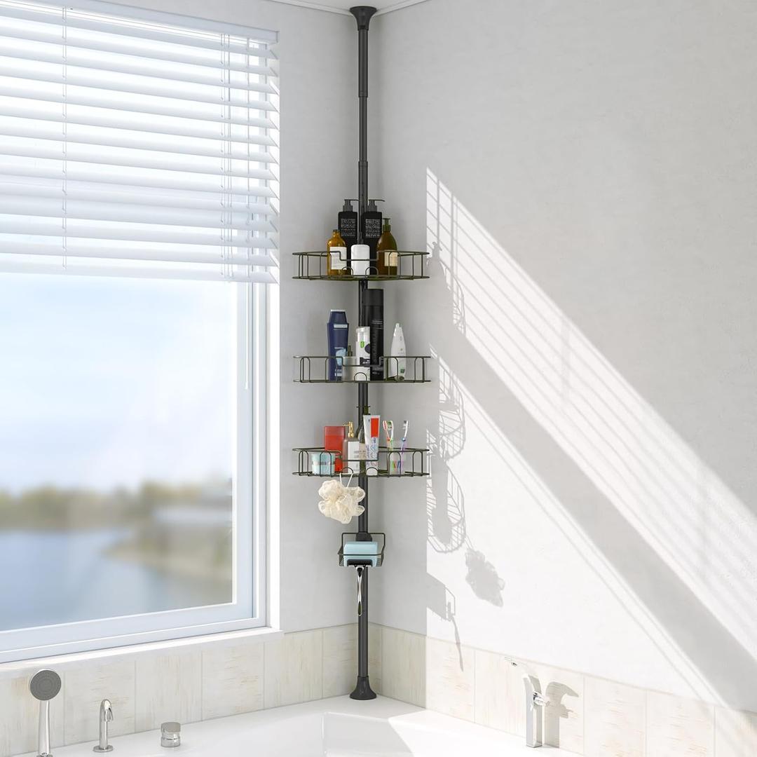BsBsBest Shower Organizer Caddy - Stainless Steel Shower Shelves Rack, Adjustable Organization And Storage Head Holder, Rustproof Tension Pole, Black