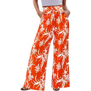 CFLONGE Palazzo Pants for Women Casual 2026 Summer High Waist Floral Wide Leg Striped Pant Flowy Boho Fashion Beach Outfits (Orange, XXL)