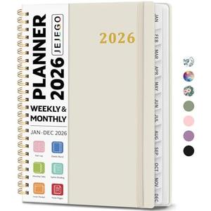 2026 Planner, Weekly and Monthly Calendar Planner Book, January 2026 - December 2026, Hardcover Spiral Planner with Monthly Tabs, Notes Pages, Perfect for Women & Men, A5 (6.4" x 8.5") - Beige