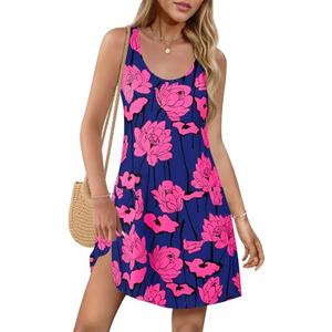 Wenrine Womens Summer Dresses Casual Floral V Neck Sleeveless Loose Boho Beach Tank Dress Sundress with Pockets Navy