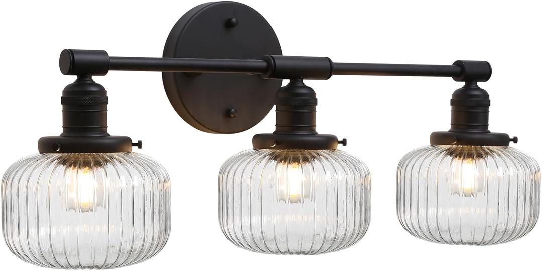 Pathson 3-Lights Globe Wall Sconce Lamps, Striped Glass Bathroom Sconces for Mirror, Hardwired Wall Vanity Light Fixtures, Vintage Home Wall Lamps Decor for Living Room, E26 Base (Matte Black)