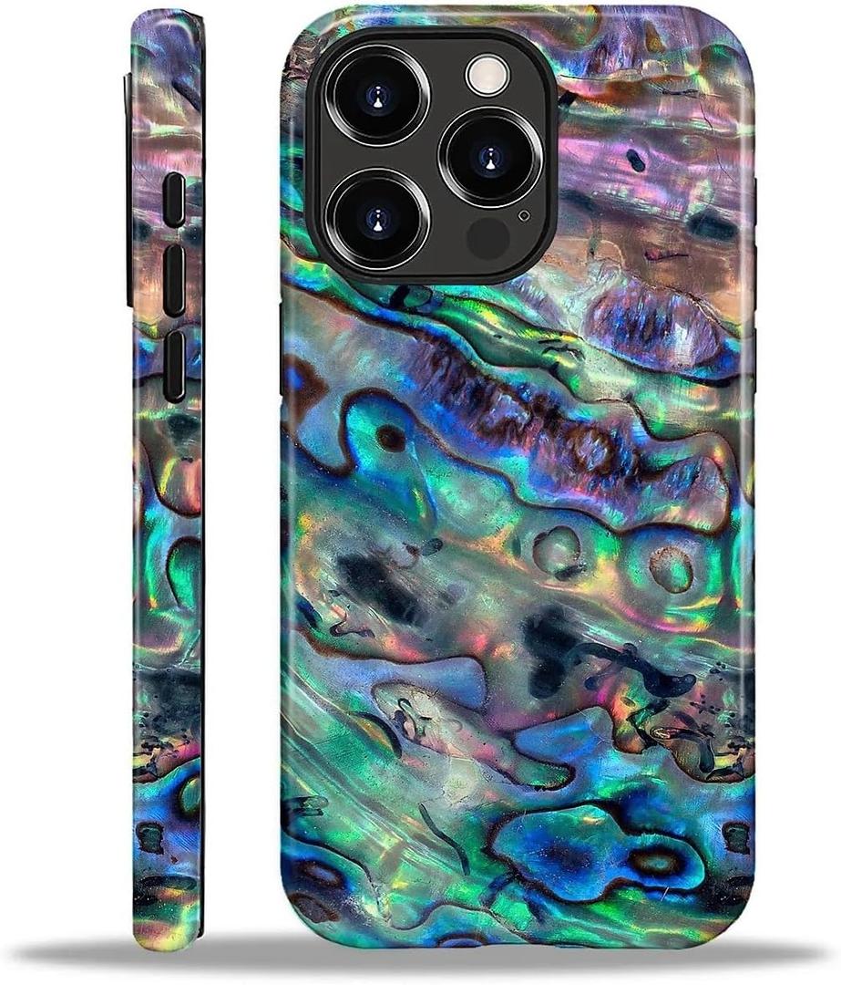 Compatible with iPhone 16 Pro Case - Dual-Layer Protection, Hard Shell with Silicone Interior,Slim Scratch Resistant Shockproof for Woman Men - Blue Abalone Mollusk Shell Patten