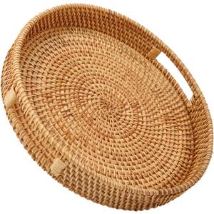 Round Rattan Serving Tray with Handles, Hand Woven Basket, Home Decor Organizer Tray for Breakfast, Tea, Snack, Fruit, Coffee,Storage (Medium)(11.9inchX1.7inch)