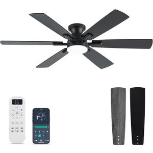 Ceiling Fans with Lights and Remote Control, Black Low Profile Ceiling Fan with Light 3-Color LED Dimmable, Memory for Lighting, Fan Reversible and Fan Gear, 6-Speed, Timer, Indoor/Outdoor Use (52 inch)