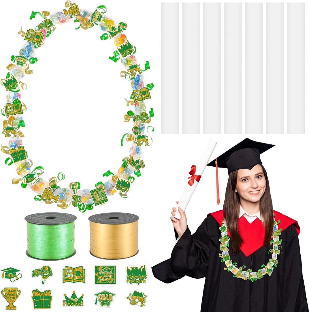 Teling 60 Set Graduation Candy Lei Making Kit Hawaiian Candy Lei Tubing Kit Includes 60 Pcs Candy Lei Bags 2 Rolls Ribbons 600 Pcs Paper Cut for Graduation Party Gift(Dark Green, Gold)