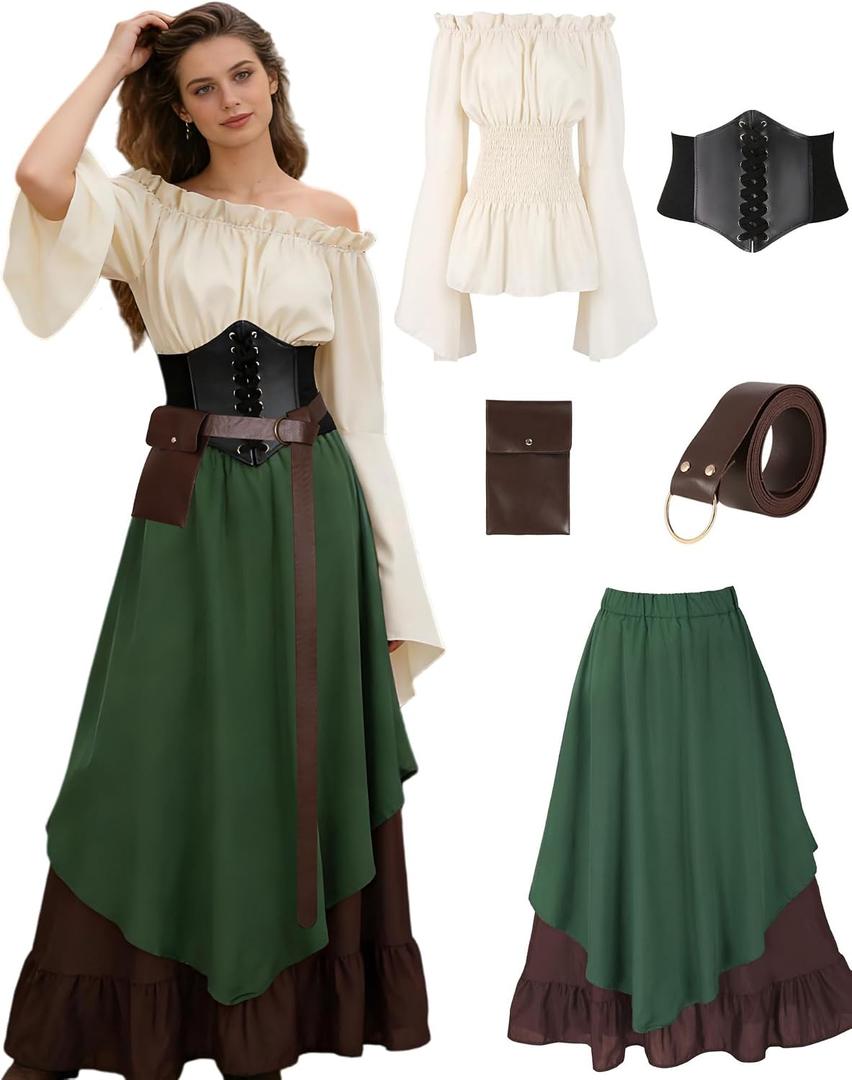 SOOFILM 5 Piece Ren Faire Dress Outfit for Women, Medieval Renaissance Faire Costume - with Corset Belt and Pouch Green, Medium