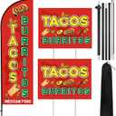 Tacos Burritos Feather Flag Pole Kit Include 7 ft Mexican Food Banner and Flag Poles Heavy Duty Ground Stake Tacos Burritos Sign Advertising Feather Banner for Restaurant