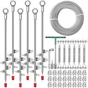6Pcs 30" Ground Anchors Shed Anchors Kit with 3/16" 100FT Galvanized Cable & 304 SS Turnbuckles, Heavy Duty 12mm Solid Steel Earth Anchors, Fully Welded for Sheds Mobile Home Carports