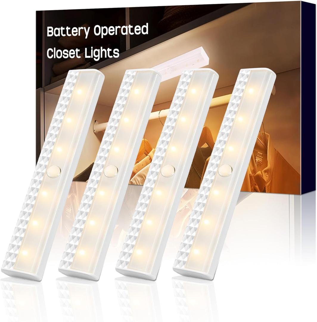 holoith 4 Pack Motion Sensor Closet Lights 3000K, Battery Powered Wireless Magnetic 45 Lumen Stick-On Anywhere Magnetic Night Light Bar, Led Safe Light Indoor for Closet Stairs Wardrobe Under Cabinet