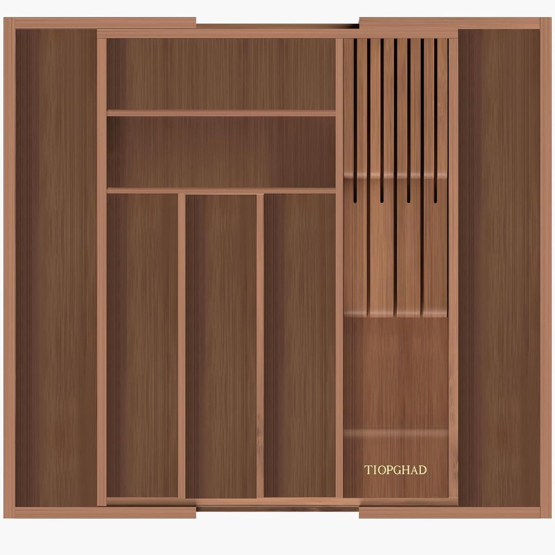 Bamboo-Silverware-Drawer-Organizer-Kitchen, Expandable Utensil Holder Cutlery Tray Flatware Organization Adjustable Wood Tableware Dividers Storage (with Removable Knife Block)(Brown) (Large)
