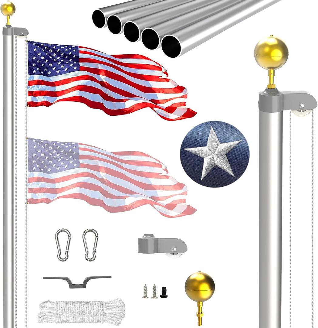 20FT Sectional Flag Pole Kit, Extra Thick Heavy Duty Aluminum Flagpoles for Outside House Inground with 3'*5' American Flag and Black Ball Topper for Residential or Commercial Use, Silvery