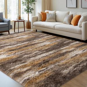8x10 Shag Rugs for Living Room, Soft Fluffy Abstract Brown Fuzzy Large Area Rugs for Bedroom Boys Girls Kids Room Nursery Dorm Home Decor, Non-Slip Plush Shaggy Indoor Carpet