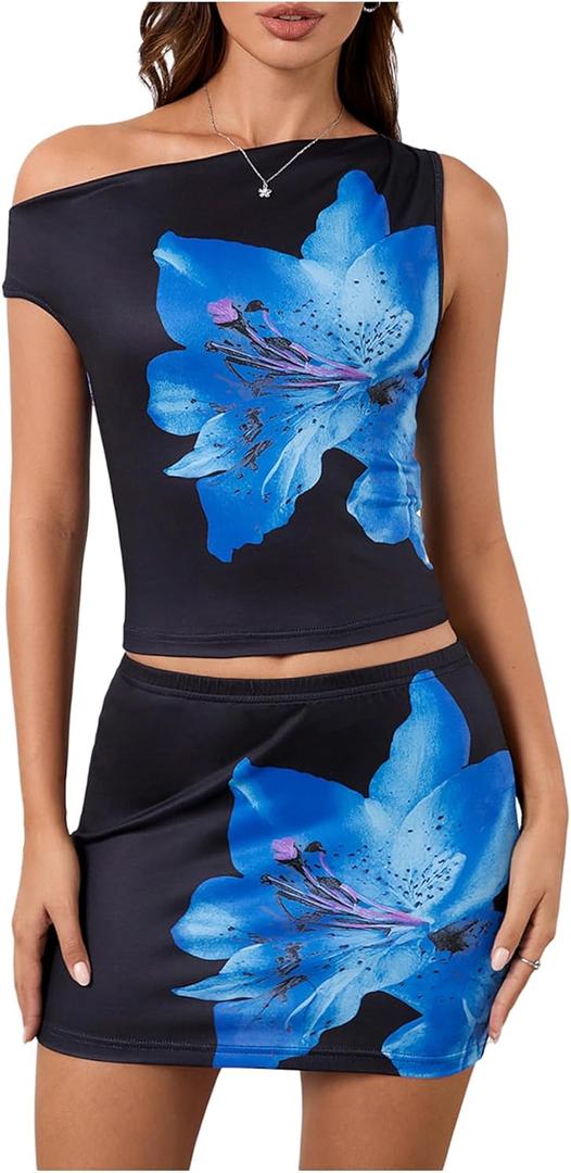 Verdusa Women's 2 Piece Floral Outfit Y2k One Shoulder Ruched Crop Tops Short Bodycon Skirt Set (X-Large, Blue and Black)