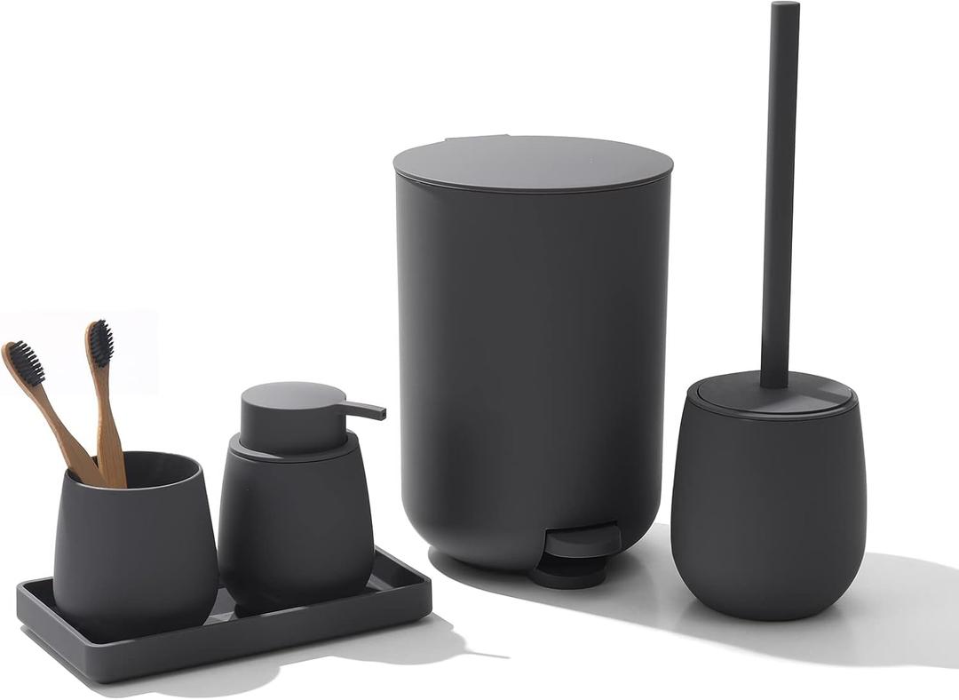 Grey Bathroom Accessories Set with Small Trash Can 3 Liter/0.8 Gallon,Toothbrush Holder,Soap Dispenser,Vanity Tray,Toilet Bowl Brush and Holder Grey 5PCS