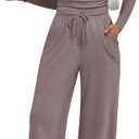 Trendy Queen 2 Piece Scoop Neck Lounge Set Womens Wide Leg Pants Side Ruching Slightly Crop Top Sweatsuit Sets With Pockets (Small, Rose Taupe)