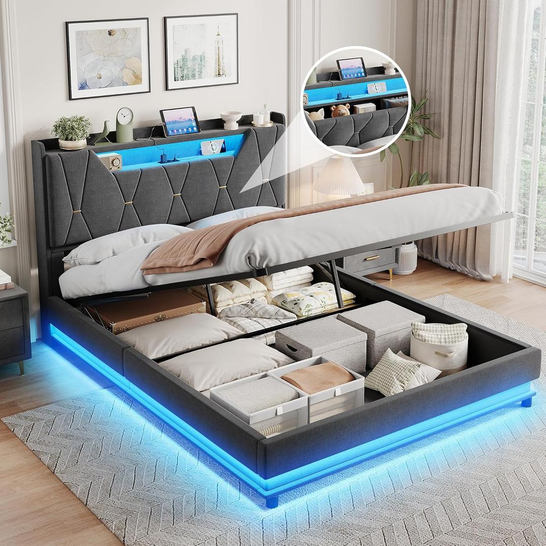 Vabches Full Size Lift Up Storage Bed Frame, Storage Headboard, Charging Station, LED Lights Upholstered Platform Bed, No Box Spring Needed, Noise-Free (Dark Grey)