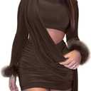 Aro Lora Womens Sexy Ruched Cutout Bodycon Dresses Long Sleeve Fuzzy Cuff Party Club Mini Dress (Large, Brown)