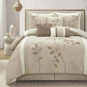 Beige California King Comforter Set, 7 Pieces Bed in a Bag, Elegant Floral Leaves Embroidery, Soft and Lightweight All Seasons Bedding Set, Bedskirt, Pillow Shams, Decor Pillows