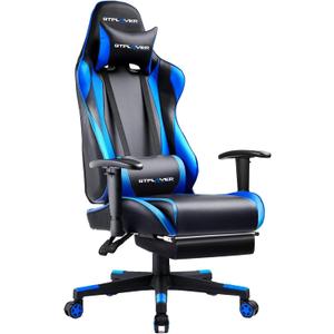 GTPLAYER Gaming Chair with Footrest, Ergonomic Computer Game Desk Chair, Reclining Gamer Chair Seat Height Adjustment, Swivel Rocker with Headrest and Lumbar (Blue), 22 inches x 22 inches x 47 inches