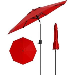 IDEALHOUSE 9Ft Outdoor Patio Umbrella, 8 Sturdy Ribs Table Umbrella With Crank Lift & Push Button Tilt, Market Umbrella UV Protection Waterproof for Garden, Deck, Backyard, Pool (Red)