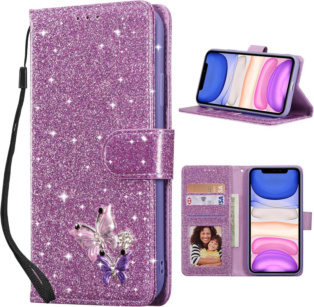 UEEBAI Wallet Case for iPhone 11, Glitter PU Leather Phone Cover Card Slots Kickstand Wallet Magnetic Closure Bling Flip Case Shockproof Hand Strap Flip Cover - Glitter Purple