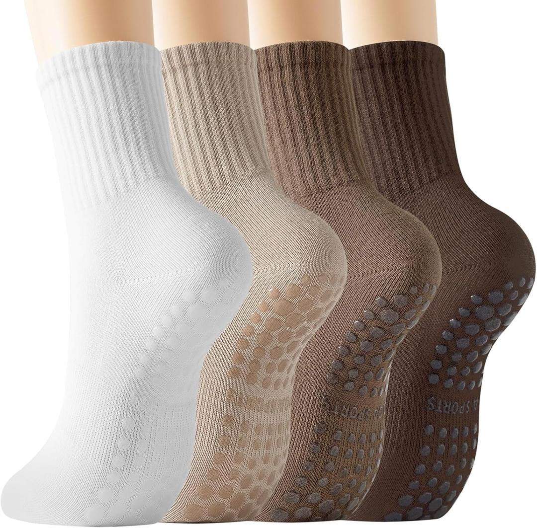 BISOUSOX Pilates Socks with Grips for Women, Anti Slip Grippy Yoga Barre Socks, Full Sole Sticky Reformer Workout Sock (004pairs-whitebeigekhakibrown)