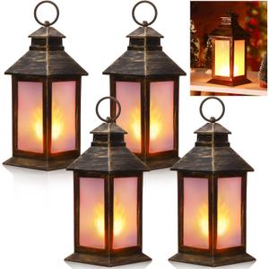 Tondiamo 4 Pcs Vintage Decorative Lantern for Centerpiece Wedding Tall Retro Hanging Lantern LED Pillar Candles Battery Operated Candles Waterproof for Christmas Indoor Party Decoration(Bronze)