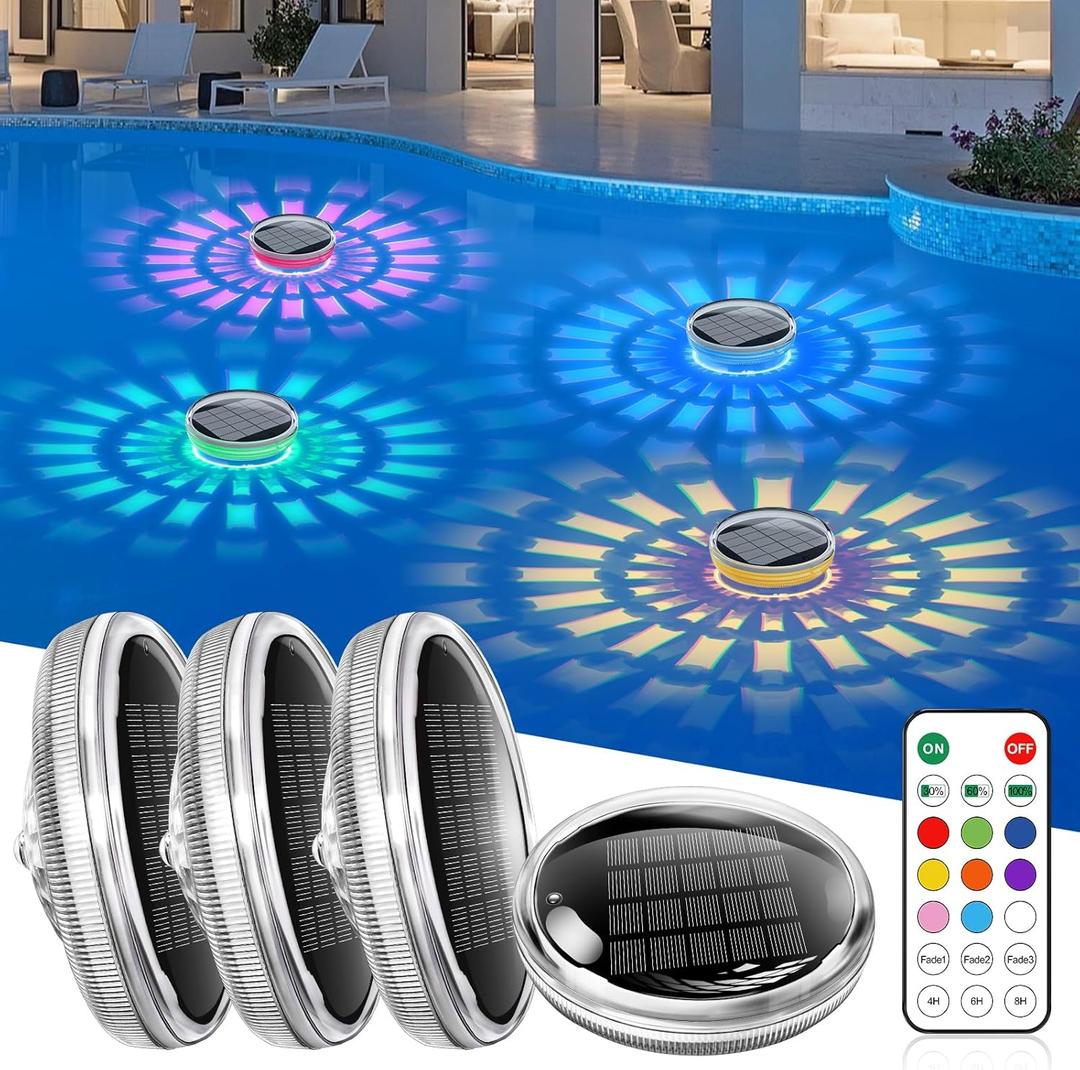 YAYZA! Solar Rechargeable Floating Pool Lights, RGB Color Changing Pool Floating Light, Waterproof LED Solar Pool Lights That Float with Remote for Inground Pool, Bathtub, Pool Party, Garden 4Pack