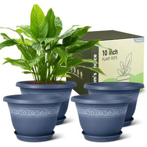 10 Inch Plant Pots with Drainage Hole - Lightweight Flower Pots for Herbs and Flowers - Home Decor Plastic Planters for Indoor Outdoor Plants- Pack of 4 (Blue, 10 inch)