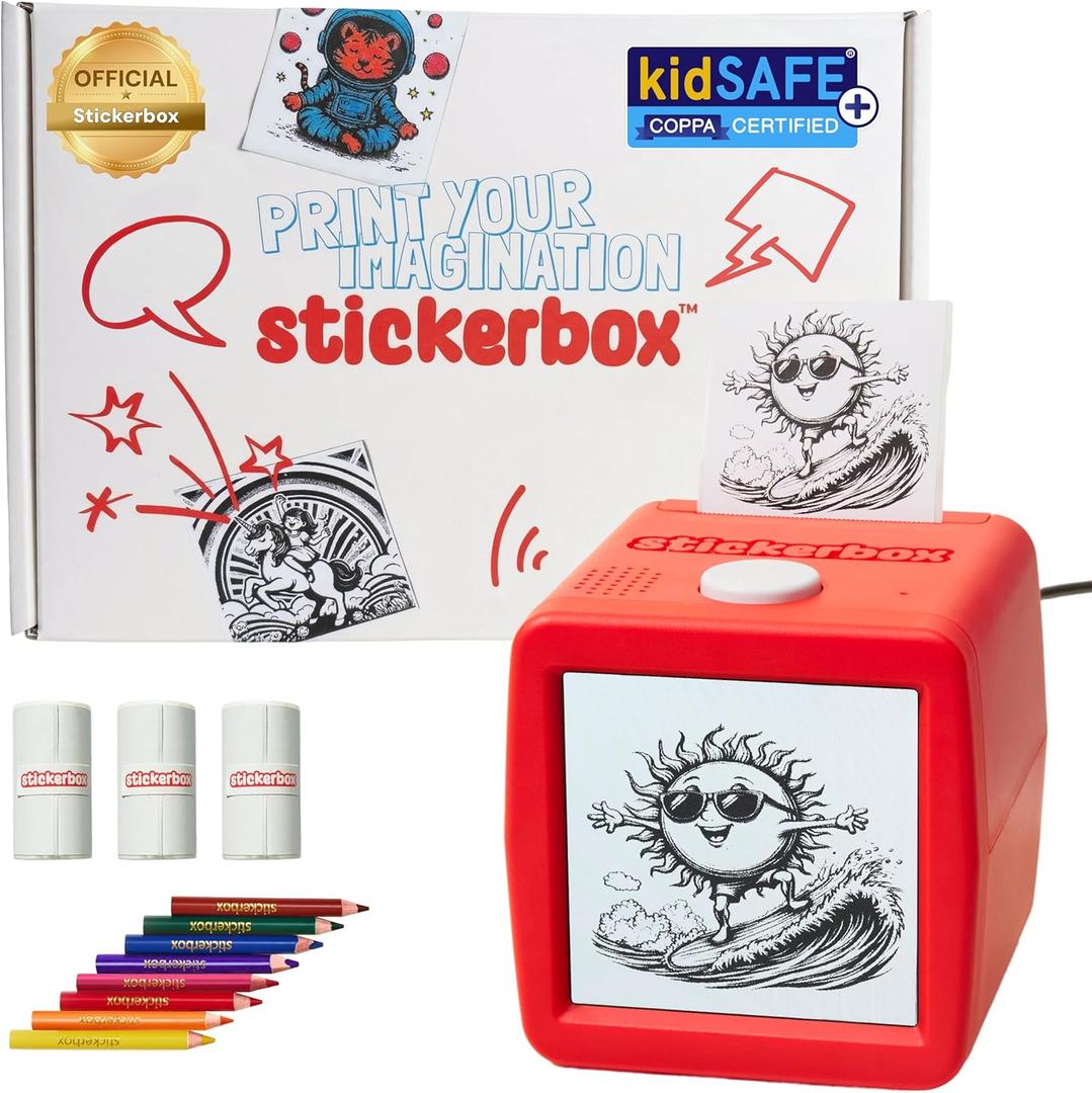 Stickerbox AI Voice-Powered Mini Sticker Maker for Kids Portable Thermal Inkless Printer with 3 Paper Rolls & 8 Colored Pencils Ages 5+, Kid-Safe AI Sticker Printer for Screen-Free