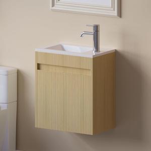 wonline 16" Small Floating Bathroom Vanity Sink Combo, Wall Mounted Narrow Single Cabinet with Resin Basin Sink Top, Water Saving Chrome Faucet & Pop-Up Drain (Natural Oak)