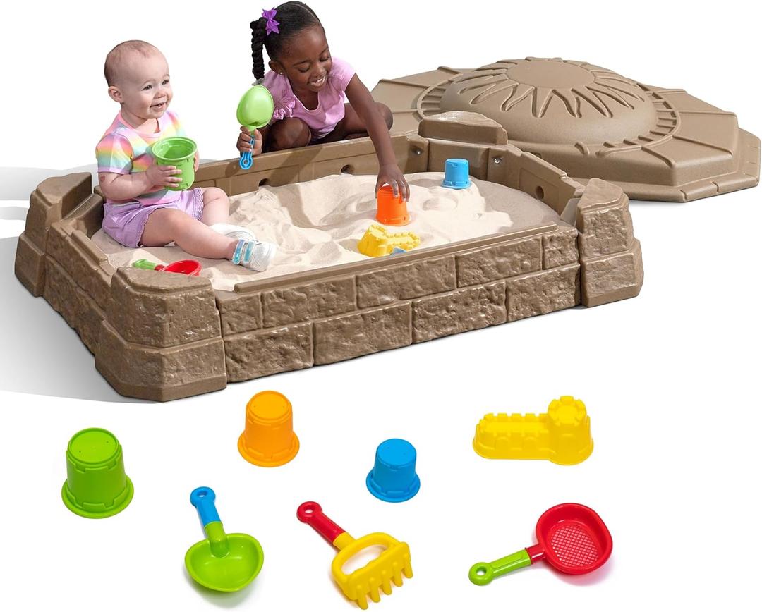 Step2 Naturally Playful Sandbox II, Kids Sand Activity Sensory Play Pit, Summer Outdoor Toys, 7 Piece Water Toy Accessories, for Toddlers 1+ Years Old, 50.38"l X 31.25"w X 16"h