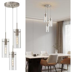 Modern Cluster Pendant Lights, Brushed Nickel Cluster Chandelier with Clear Ribbed Glass, 3 Light Pendant Lighting for Kitchen Island, Staircase, Dining Room, Living Room
