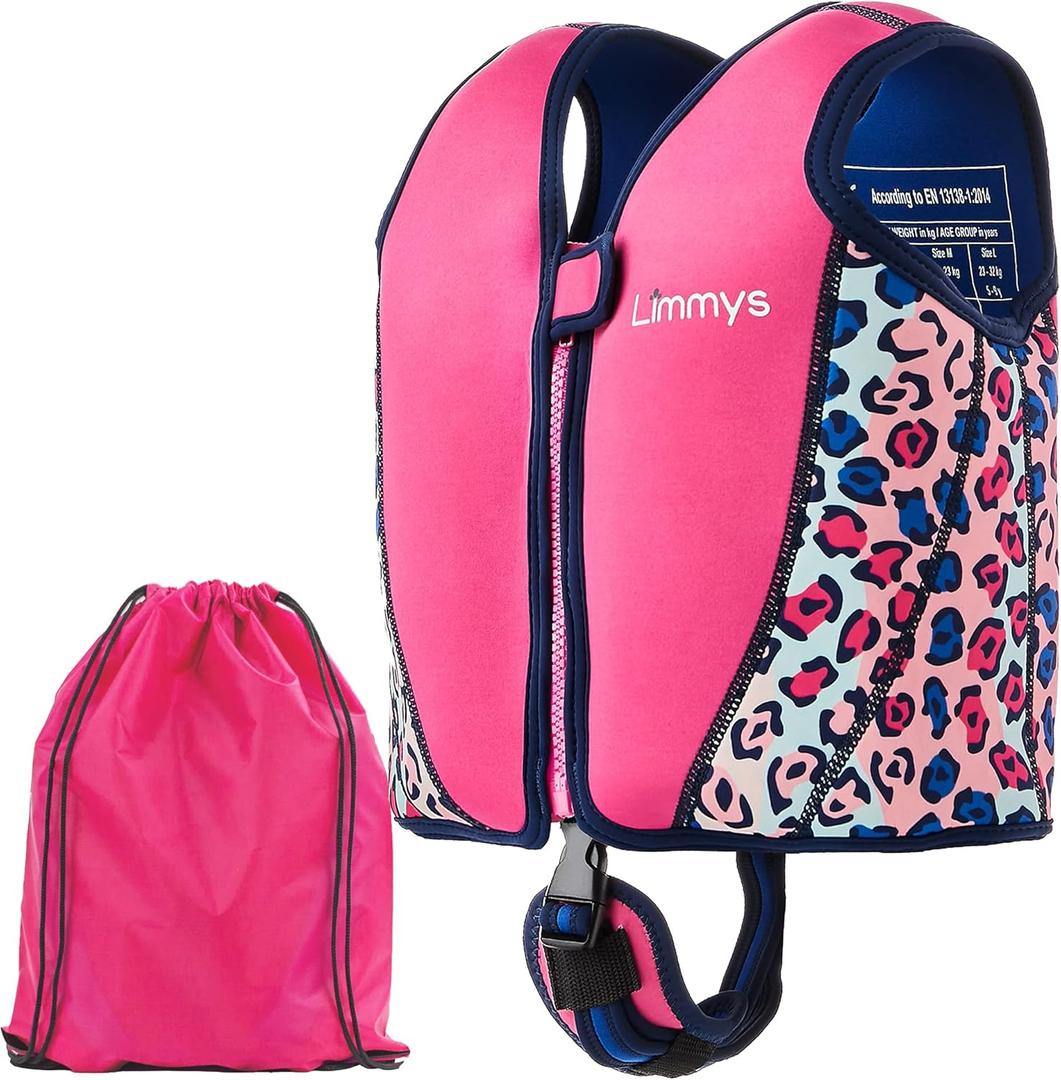 Limmys Swim Vest for Toddlers & Kids - Adjustable Buoyancy Swimming Aid, CE Safety Certified, Award-Winning Parent-Approved Design, Soft Neoprene Comfort, Secure Durable Design, Carry Bag Included (Medium, Pink Leopard)