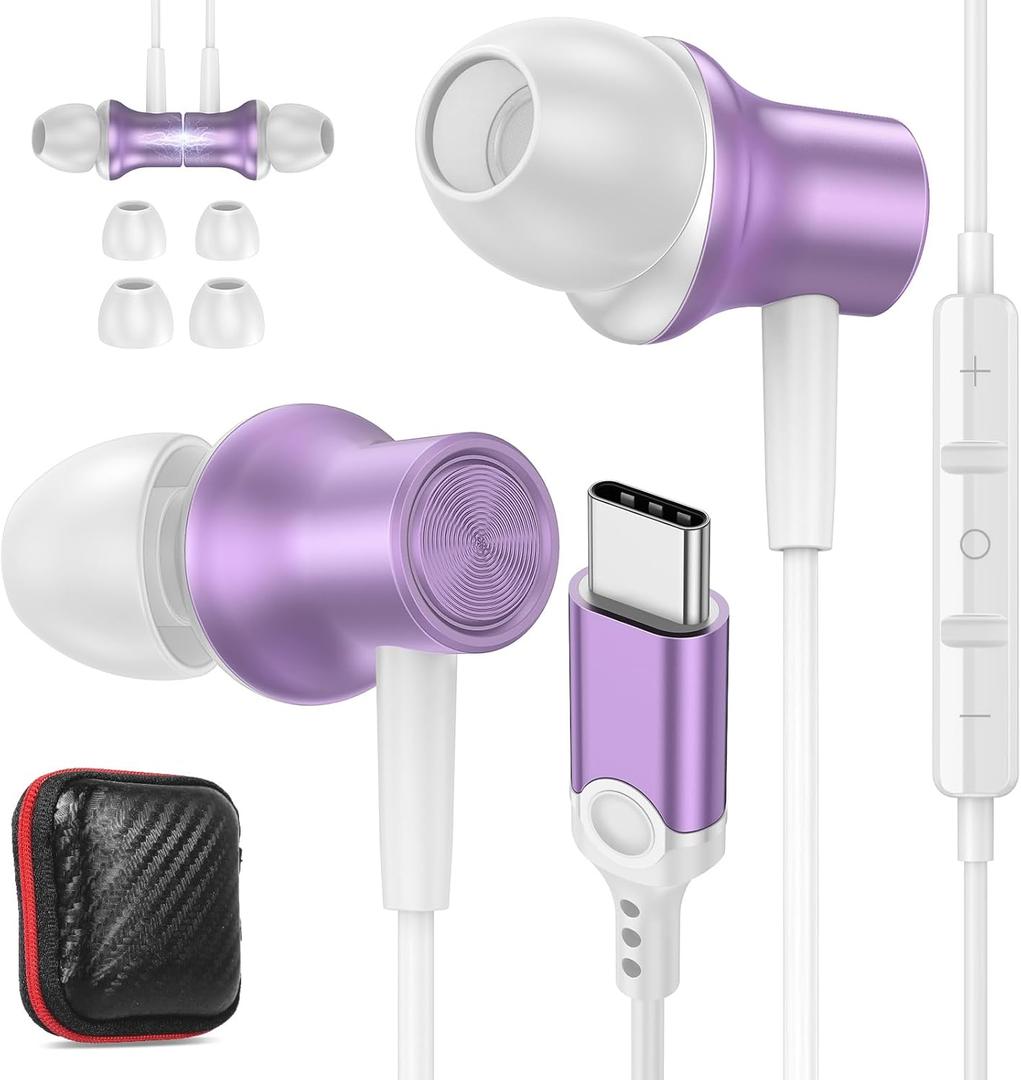 USB C Headphones for iPhone 16 15 Pro Max Plus iPad, Type C Earphones Noise Isolating with Mic Stereo Magnetic Cord Wired Earbuds for Samsung S24 Ultra S23 Fe A35 S22 Flip 6 Pixel 9 8 7 Pro, Purple