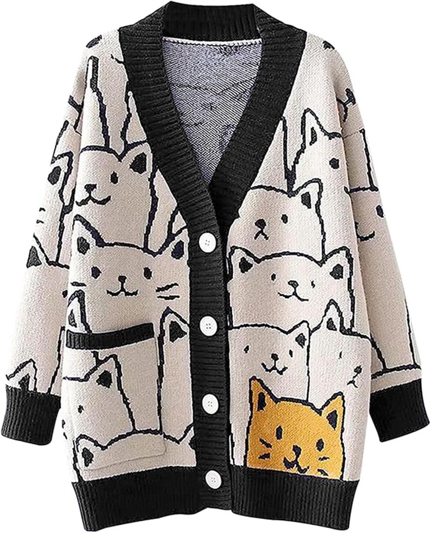 Gihuo Women Cat Sweater Oversized Cute Kawaii Cardigan Knit Graphic V Neck Loose Fit Long Sleeve Cardigan Coat (Small, Black)