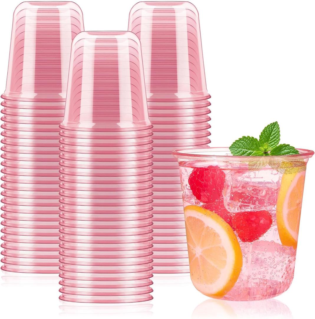 Jycnolm 50 Pcs Pink Plastic Cups, 12 Oz Disposable Stemless Wine Glasses Cocktail Pink Party Cups for Meeting, Wedding, Birthday, Valentines Party