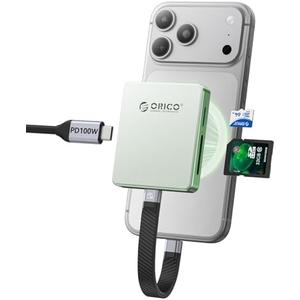 ORICO Magnetic M.2 2230/2242 NVMe SSD Enclosure for iPhone 4K ProRes Recording ith SD/TF 3.0 Card Reader PD100W Charging Port, Support for iPhone 15/16/17 Series Laptop Tablet- Diskless AP42F Green